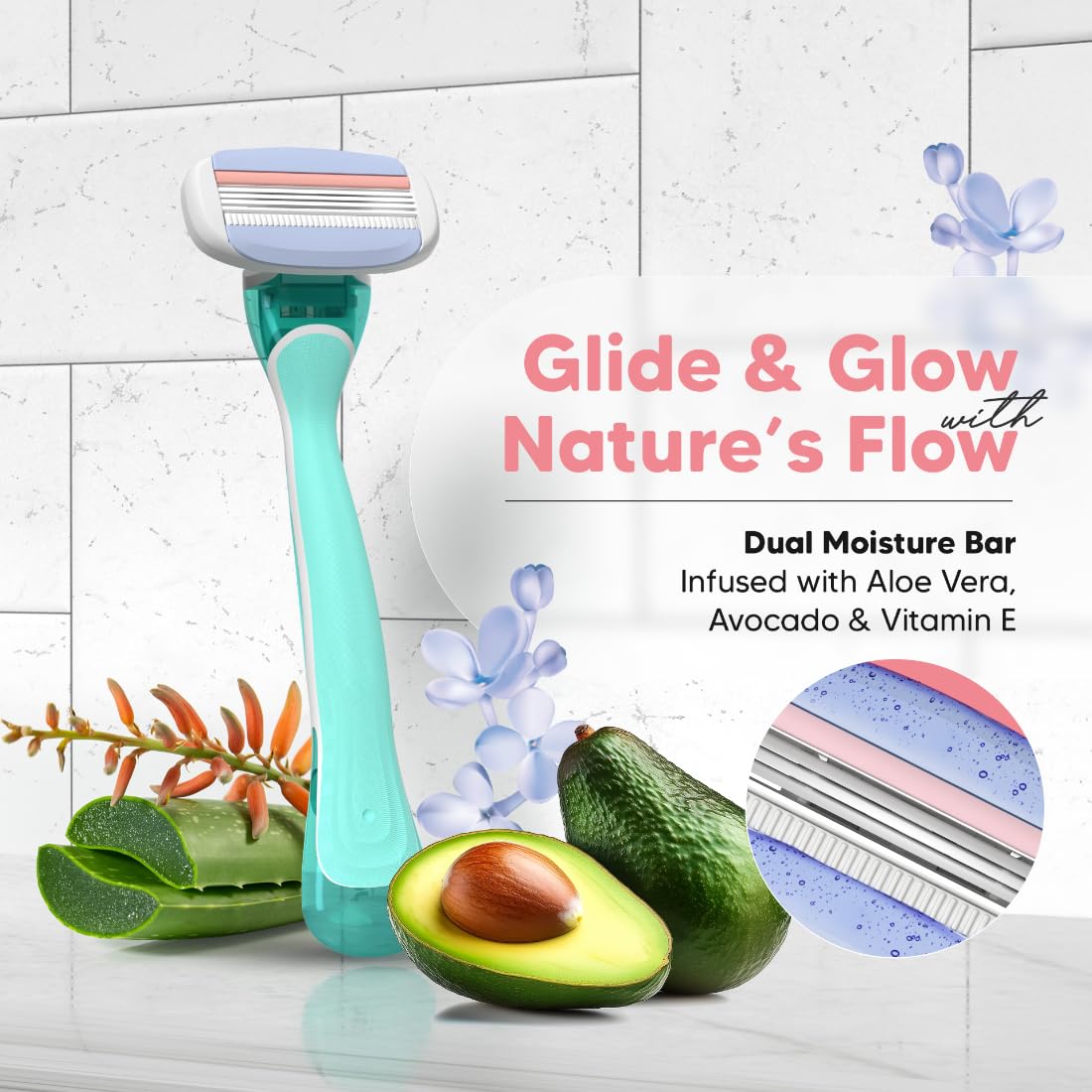 Letsshave Evior 3 Sensitive Shaving Razor for Women | 1 Handle + 2 Blades | Dual Moisture Bar with AloeVera, Vitamin E, Argan & Avocado Oils | Bikini & Underarm