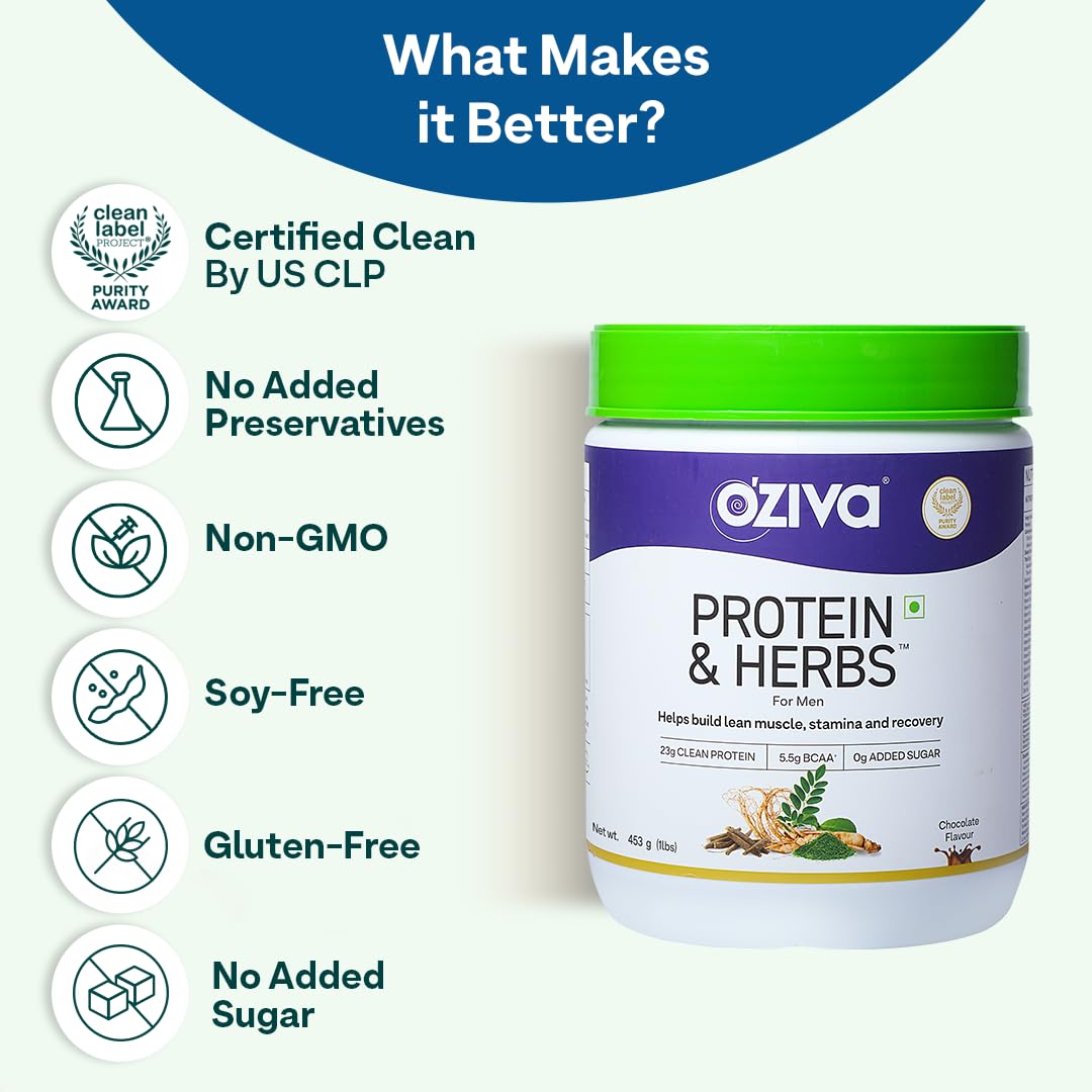 OZiva Protein & Herbs for Men, No Added Sugar, Green Tea, Cafe Mocha, 453g