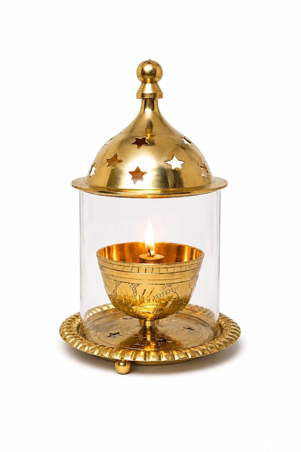Brass Akhand Diya with Glass Cover, Gold Finish, Traditional Pooja Deepak Holder for Mandir, Temple & Home Decor, 15 cm Height, 10 cm Diameter
