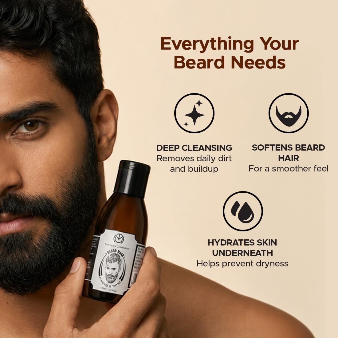 The Man Company Beard Wash for Men- 100ml | Active Cleansing with Almond & Thyme Essential Oils | Natural Ingredients | Softens Beard & Adds Shine