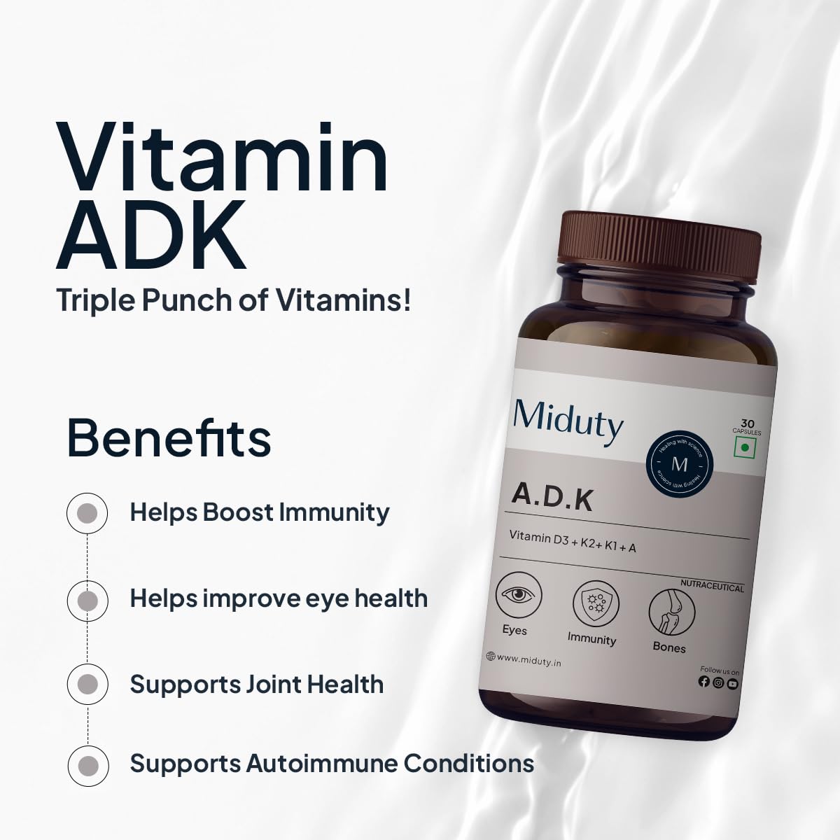 Miduty Vitamin ADK Multivitamin Contains Vitamin A - D3 - K1 - K2 Immunity Booster, Bone Strength, Healthy Heart Vitamin ADK Supplement For Men and Women - 30 C