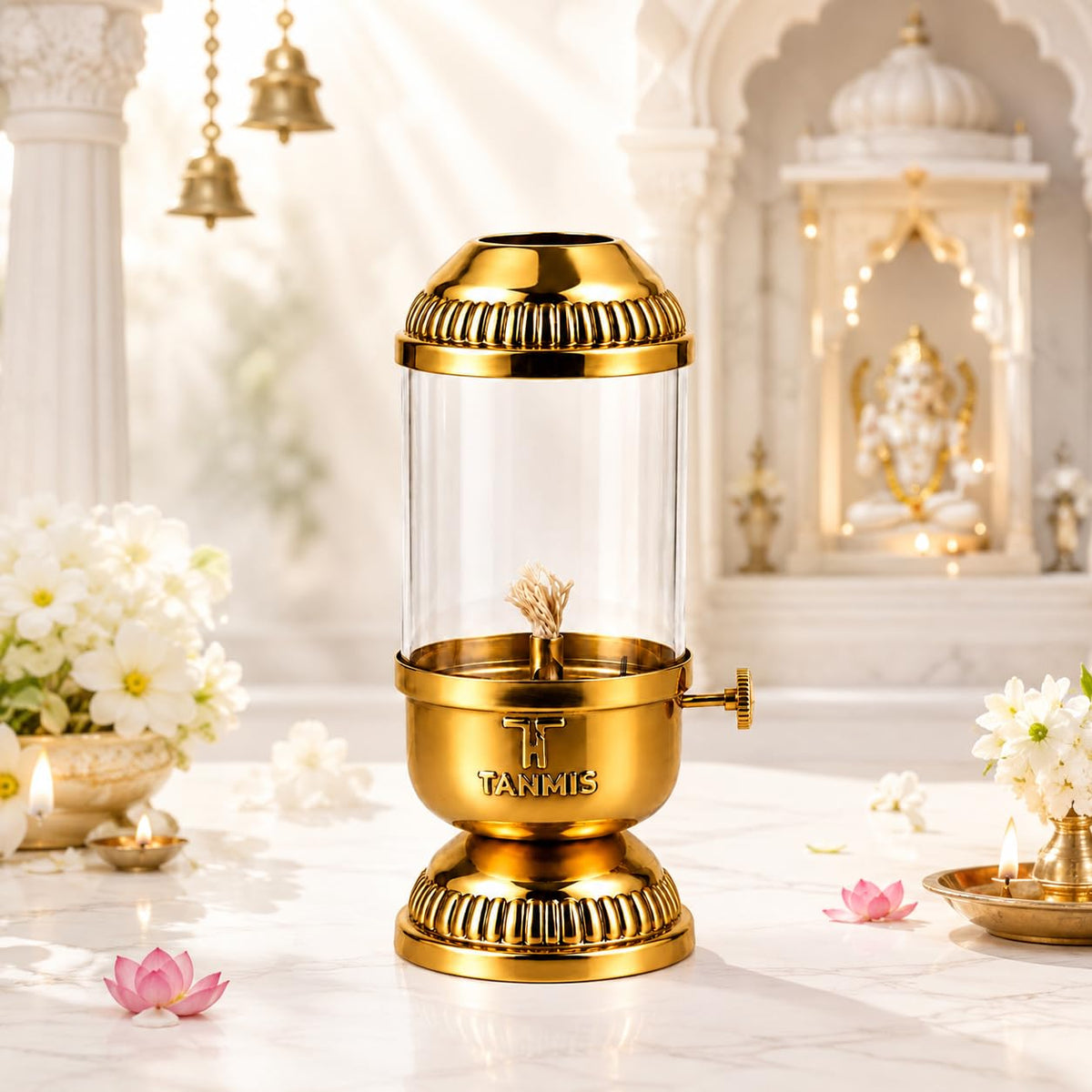100% Pure Brass Akhand Jyoti Diya with Borosilicate Glass Cover | Windproof Akhand Deepak for Puja Room, Mandir & Temple | Adjustable Bati | 80 ml Oil Capacity