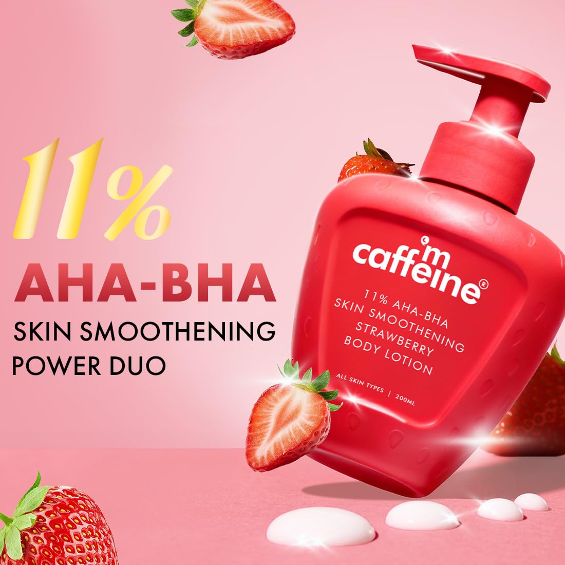 mCaffeine 11% AHA BHA Strawberry Body Lotion for Skin Smoothening | Gently Exfoliates Dead, Dry, Even Tones Skin | 72hr Moisturization | Juicy Strawberry Scent,