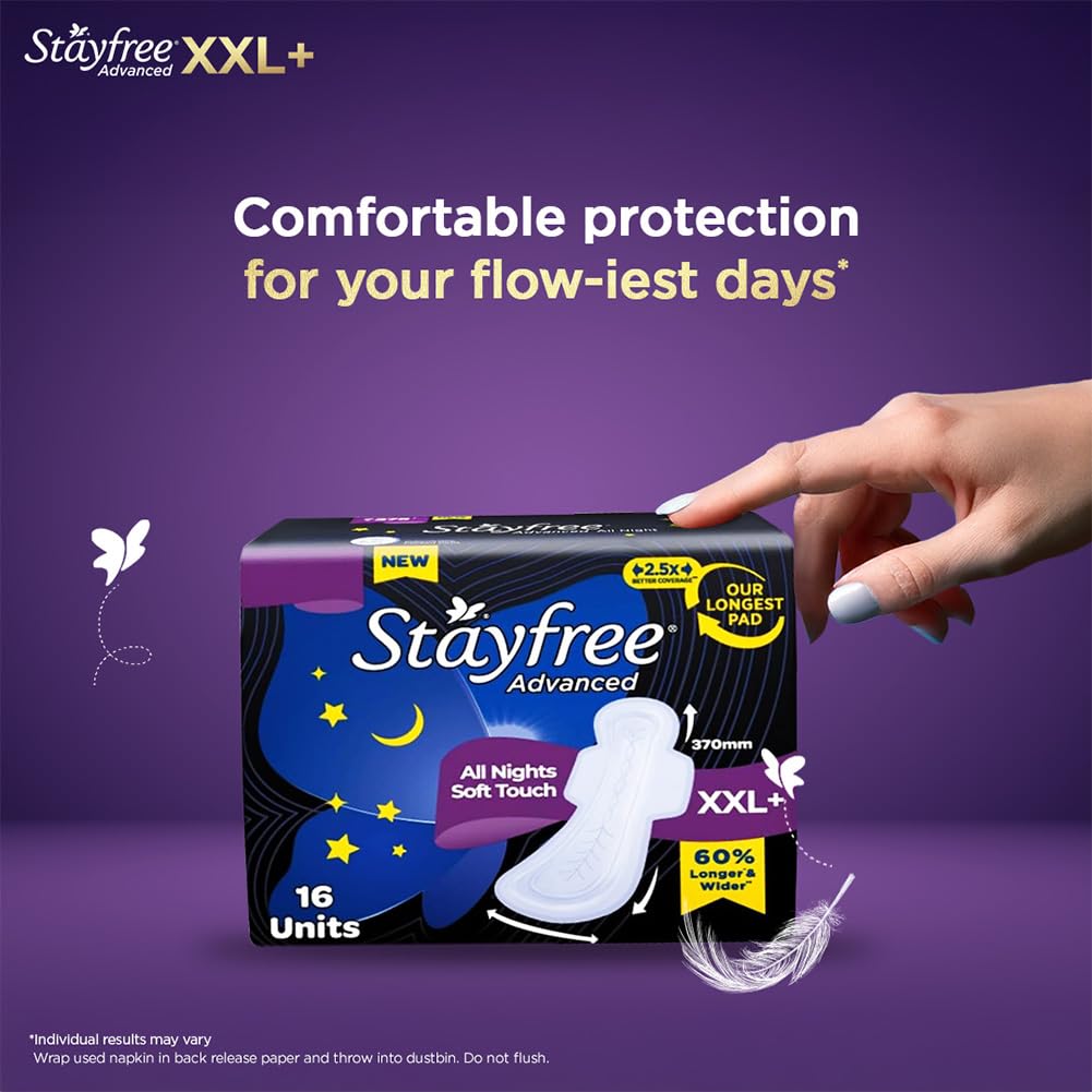 Stayfree Advanced XXXL Thin Sanitary Pads for Women | 16 Soft Cotton Pads for All Night Ultra Comfort | Absorbs 2x More with Wider Back | Prevent Rashes | Odour