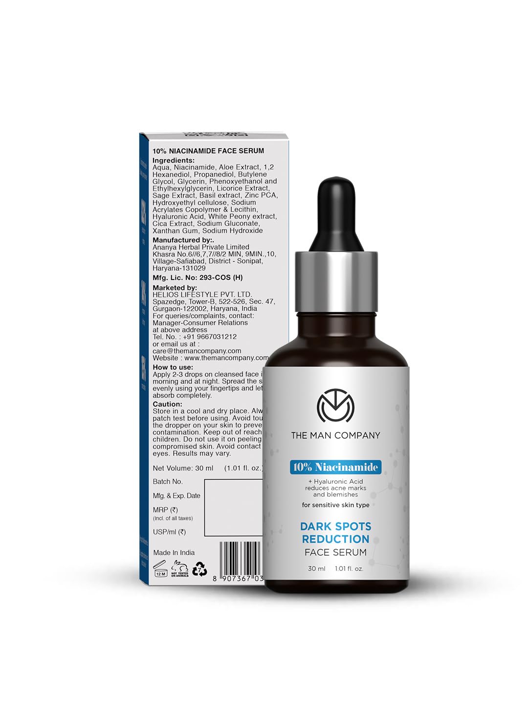The Man Company 10% Niacinamide Face Serum with Hyaluronic Acid for Man – 30 ml | Reduces Dark Spots | For Blemish-Free Clear & Bright Skin | Fragrance - Free |