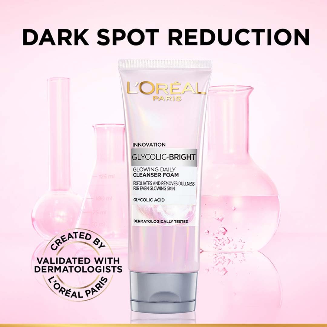 L'Oreal Paris Glycolic Bright Daily Foaming Face Cleanser, 100ml | Glycolic Acid Face Wash for Dull Skin | Daily Glowing Facial Cleanser | Suitable for All Skin Types