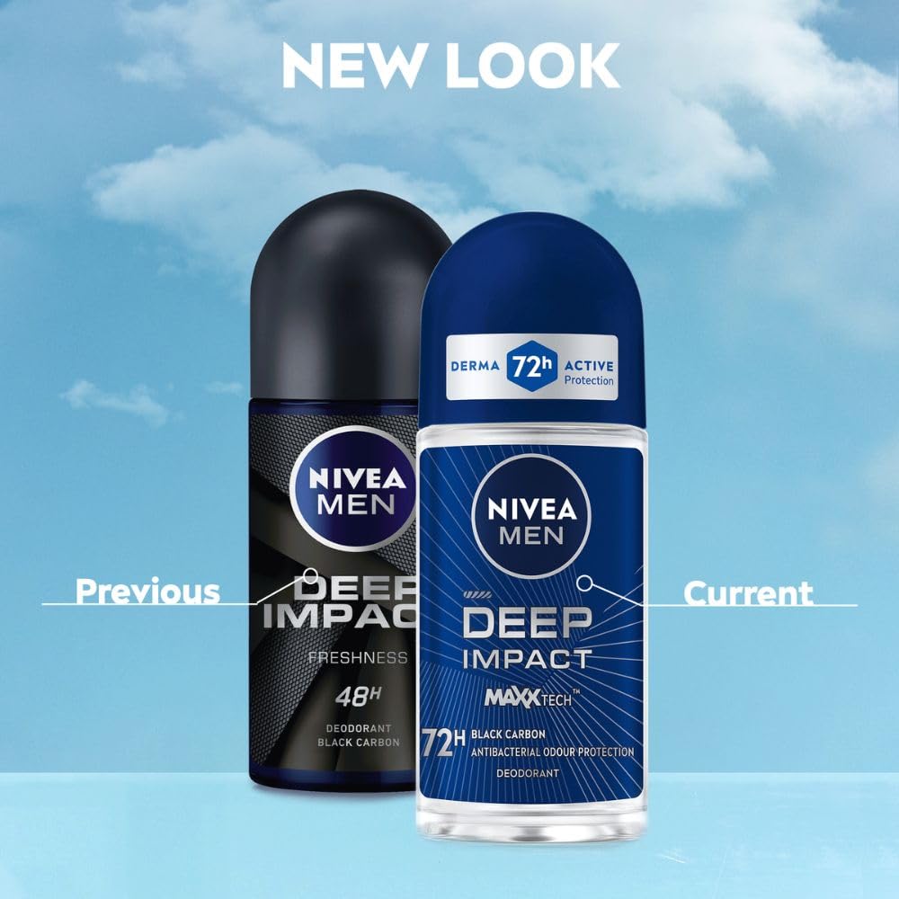NIVEA MEN Deep Impact Freshness Underarm Roll On Deodorant for Men with Black Carbon | Long Lasting Antiperspirant Roll On for Body Odour Control | Alcohol Free