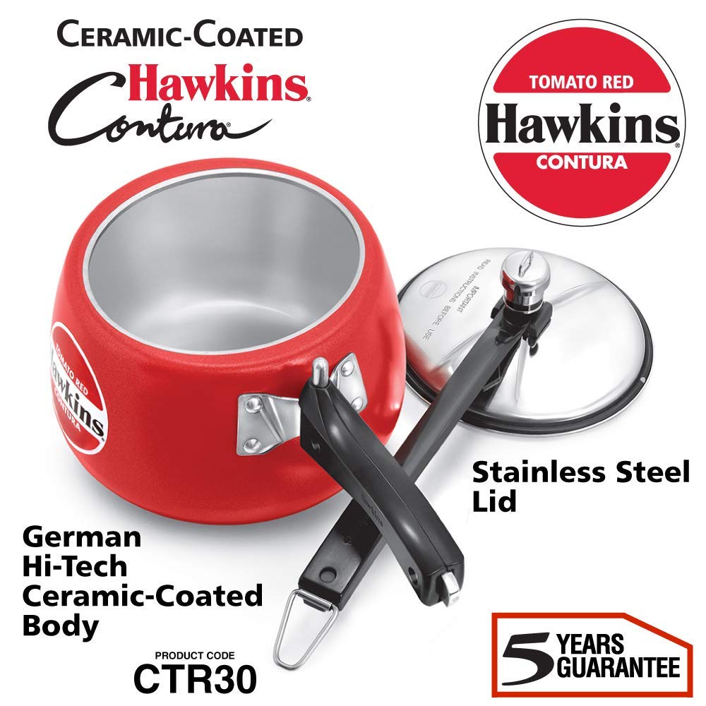 Hawkins 3 Litre Contura Pressure Cooker, Ceramic Coated Handi Inner Lid Cooker, Tomato Red (CTR30) 3 Litres Tomato Red