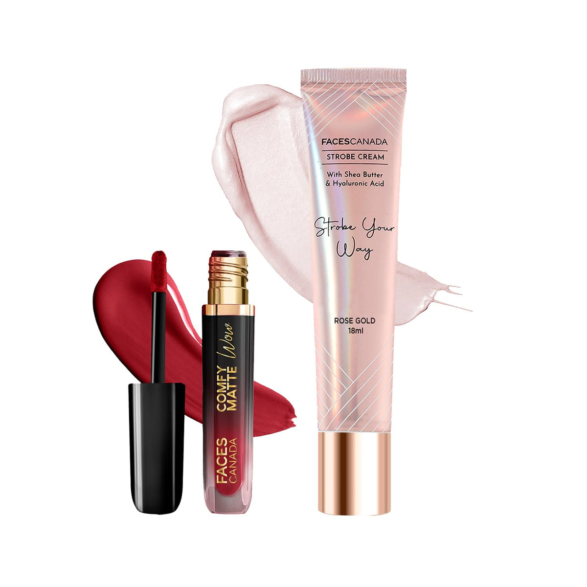 FACES CANADA Comfy Matte Wow Liquid Lipstick - Maroon Maven 05 (3.8ml) & Rose Gold Strobe Cream (18ml) Combo| Highly Pigmented | Flawless Radiant Dewy Skin | Il