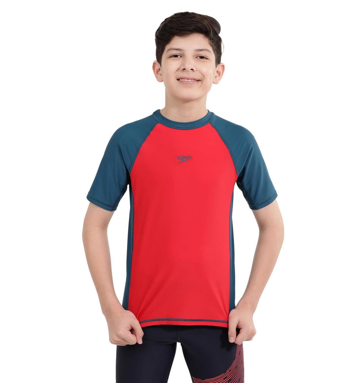 Speedo Boy's Endurance 10 High Chlorine Resistant UPF 40+ Sun Protection Short Sleeve Suntop 13-14 Y Fedred / Dark Teal