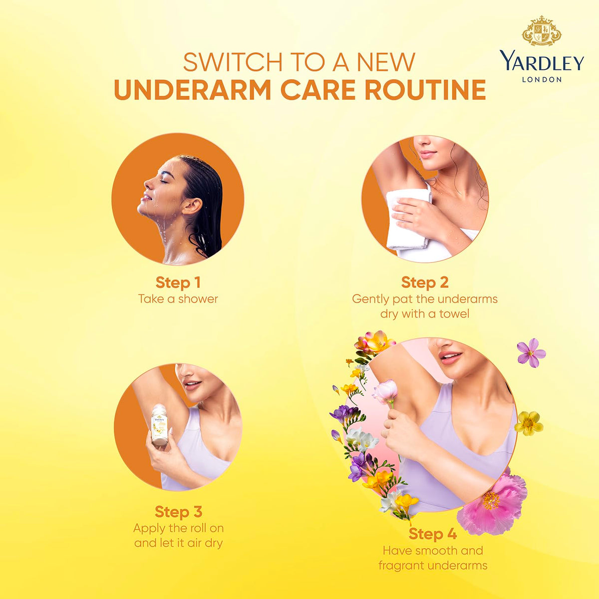 Yardley London English Blossom | Underarm Deodorant Roll On| With Licorirce Extract & Floral Extracts | Smooth & Eventoned Underarms | 72 H Long Lasting Floral