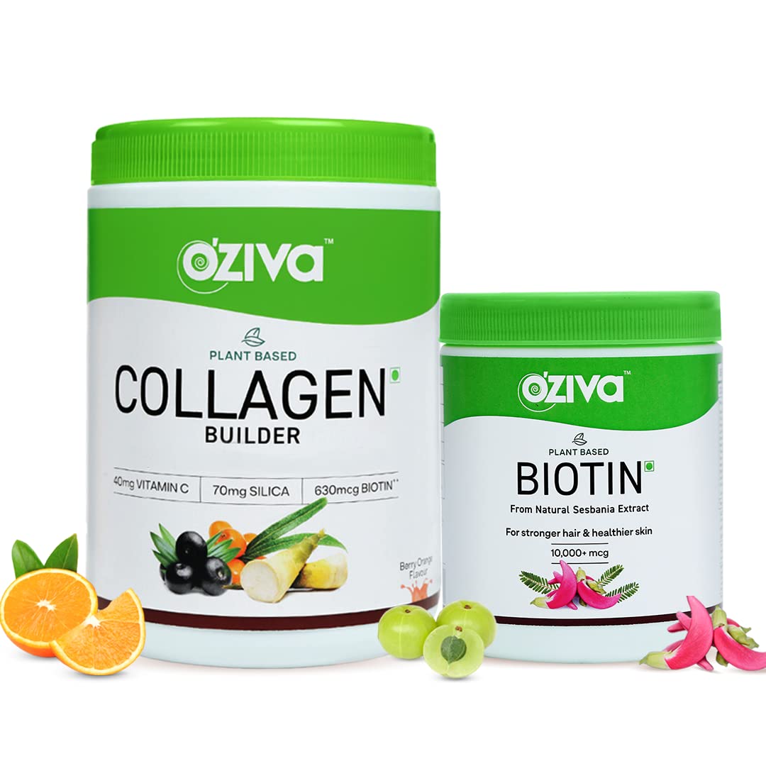OZiva Plant Based Collagen Builder Powder (With Vitamin C) Berry Orange,250G & Plant Based Biotin 10000+ Mcg (With Natural Sesbania Agati Extract) For Stronger