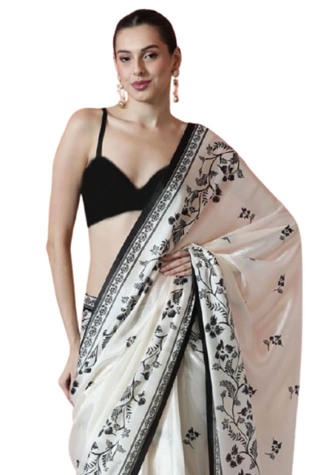 Women's Ready to Wear Floral Silk Satin Saree with Unstitched Blouse Ready to Wear