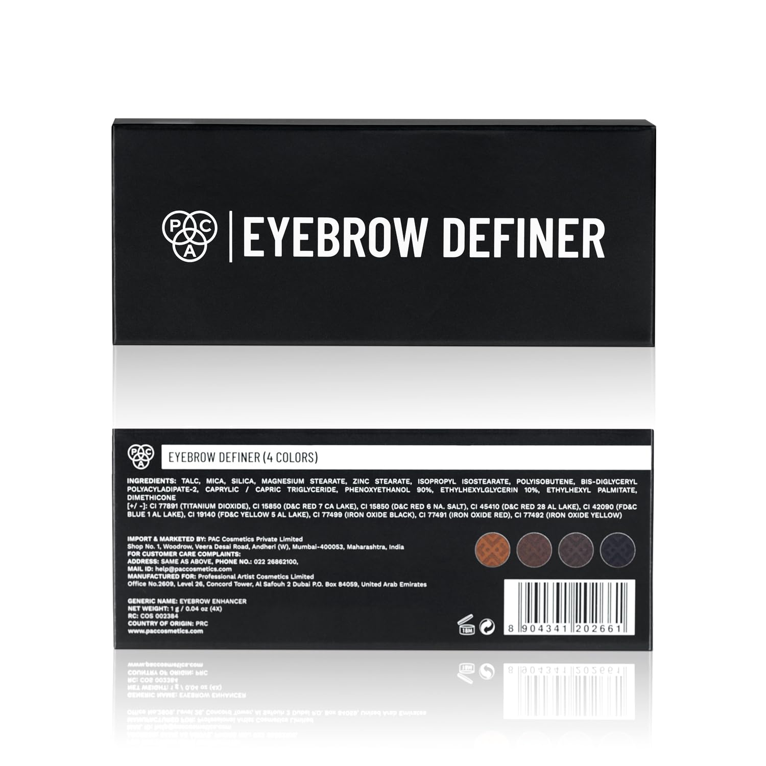 PAC Eyebrow Definer Palette (4 colors) | Comes with 2-in-1 Angled & Spoolie Brush | Fine Buildable Powder Formula | Long Wearing & Blendable Shades | 4G