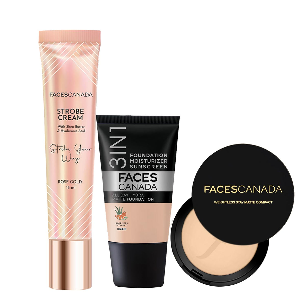 FACES CANADA Luminous Combo - Strobe Cream - Rose Gold (18 ml) + Weightless Stay Matte Compact Powder - Natural 02 (9 gm) + Hydra Matte Foundation - Rose Ivory