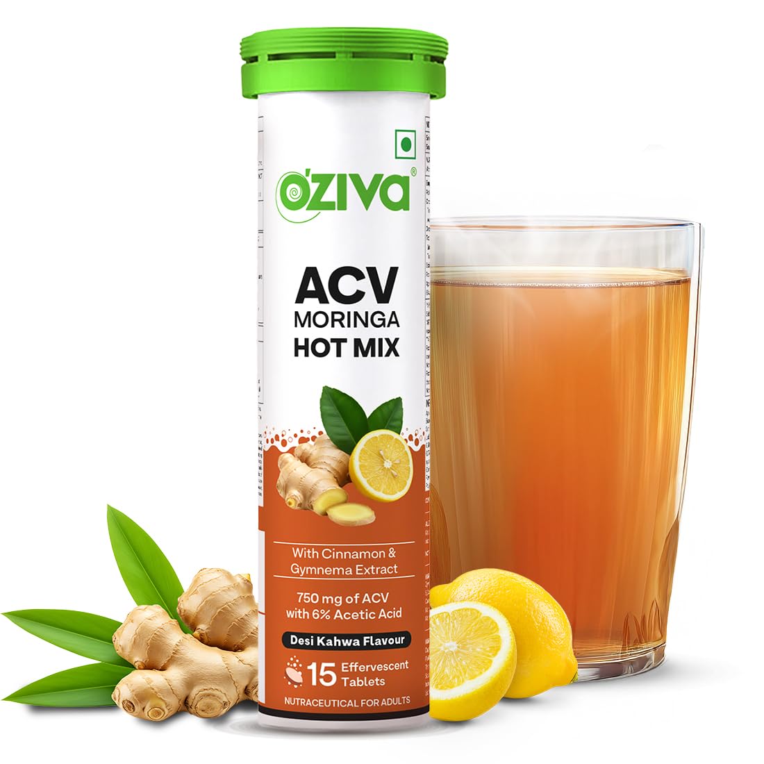OZiva ACV Moringa Hot Mix Tablets, Boost Metabolism, Gymnema, Desi Kahwa 15 count (Pack of 1)