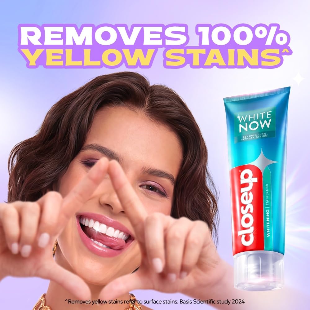 Close Up White Now Stain Eraser toothpaste for Teeth Whitening | Removes 100% surface stains to whiten teeth| Minty Fresh | Enamel safe & for daily use 100g