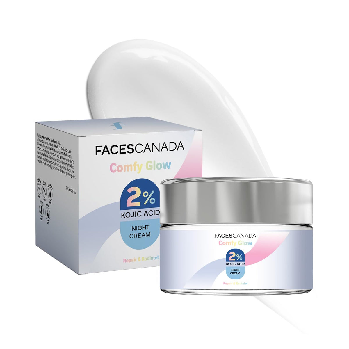 FACES CANADA 2% Kojic Acid Comfy Glow Night Cream with Niacinamide & Alpha Arbutin for Skin Brightening (25 gm) | Face Cream I Night Cream I Kojic Acid Glowing