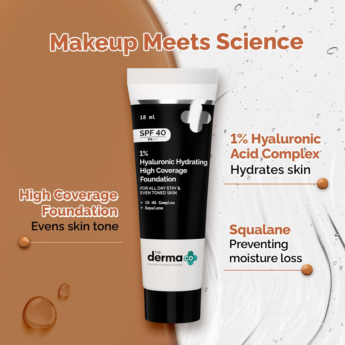 The Derma Co . 1% Hyaluronic Hydrating High Coverage Luminous Liquid Foundation With Spf 40 Pa+++ For 12 Hour Long Stay & 12 Hour Oil Control | For All Skin Types & Even Skin - 18Ml 1 Count(06 Beige)
