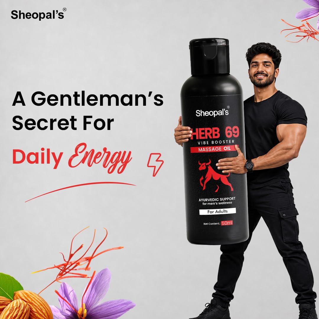 Sheopals Herb 69 Vibe Booster Supplement for Men | L-Arginine, L-Citrulline, Ashwagandha & Ginseng | Energy, Stamina & Vitality Support | Booster Oil 50 ml | He