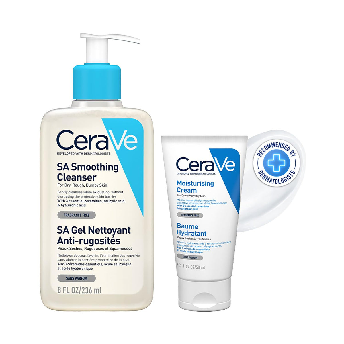 CeraVe SA Smoothing Cleanser- Salicylic Acid Face Wash (236ml) and Moisturizing Cream (50ml) Combo | Exfoliation and hydration for Dry & Rough Skin
