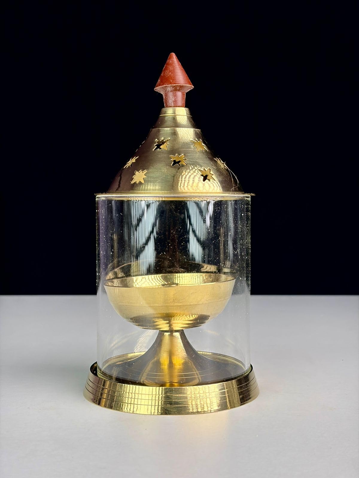 Brass and Glass Akhand Deep Diya with Cover, Oil Lamp for Home Temple Puja, 8 Inch, 400g