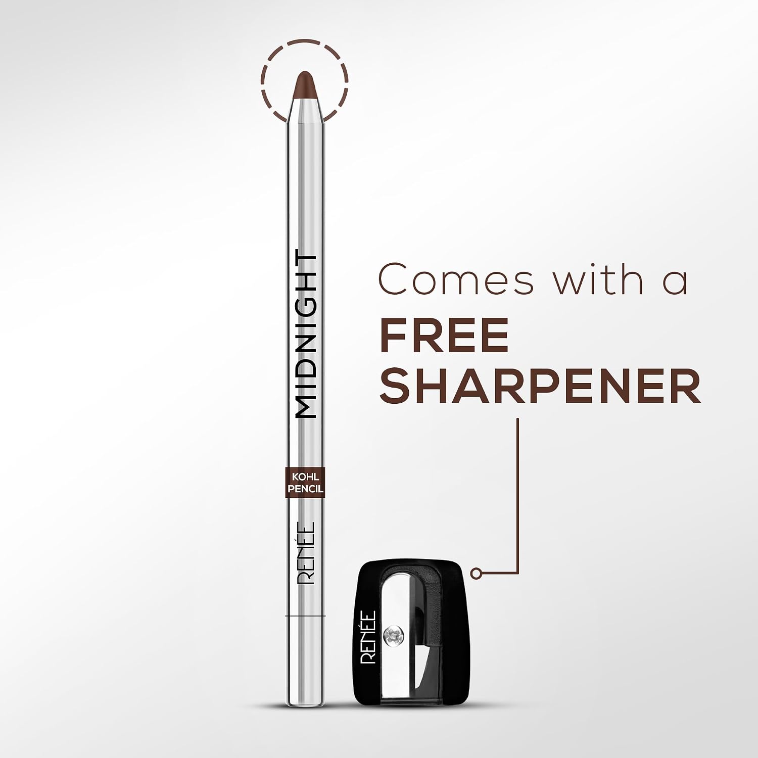 RENEE Midnight Kohl Pencil- Brown | Waterproof, Smudge-proof Kajal With Sharpener | Matte Finish, Long-lasting Upto 24 Hours | One-swipe Application With Vitamin E | 1.5 g
