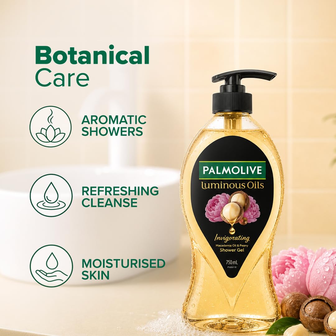 Palmolive Luminous Oil Invigorating Body Wash, 750ml Pump Bottle, 100% Natural Macadamia Oil & Peony Extracts For Everyday Freshness & Radiant Skin, PH Balanced