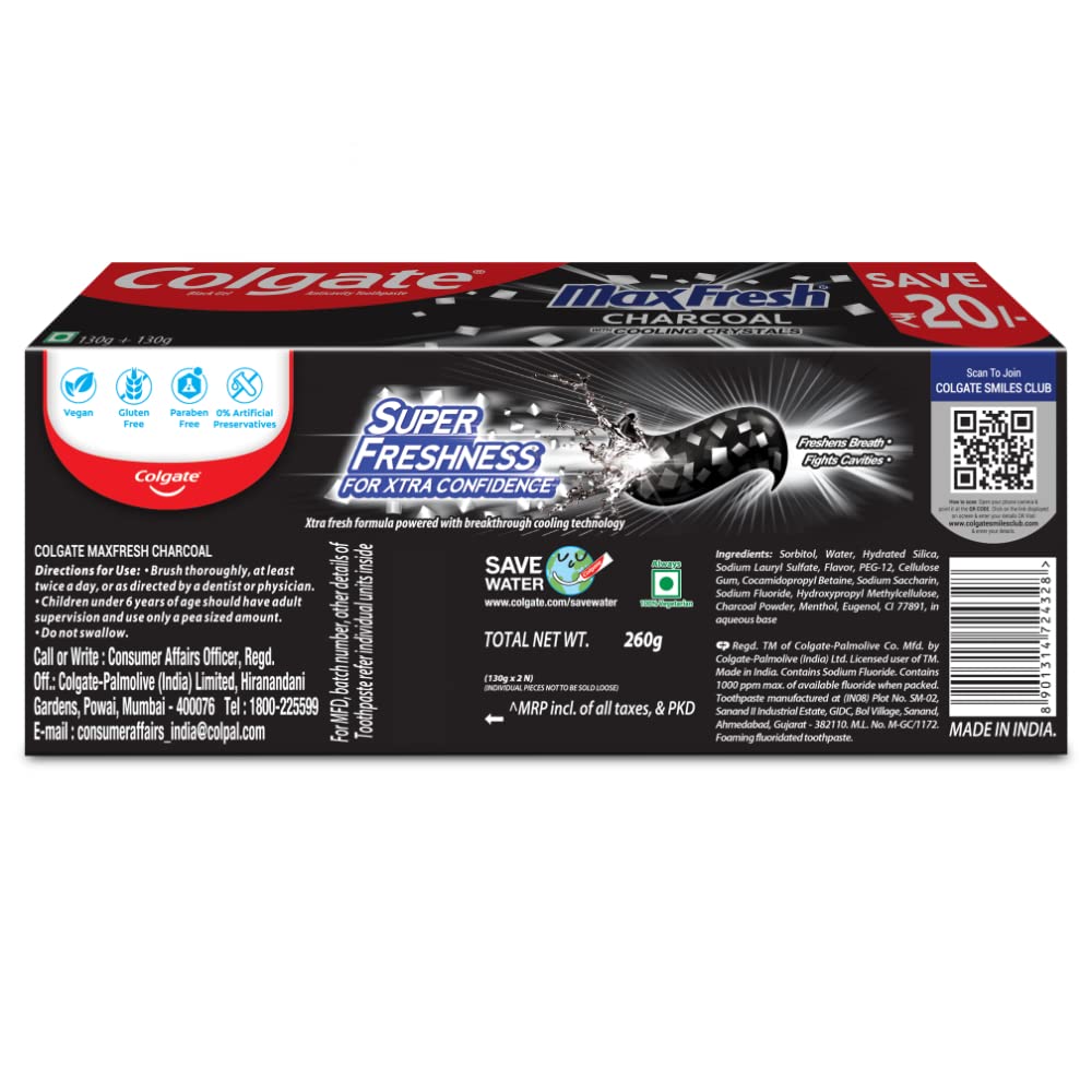 Colgate MaxFresh Toothpaste, Black Gel Paste with Charcoal for Super Fresh Breath, 260gm 260 g (Pack of 1) Toothpaste