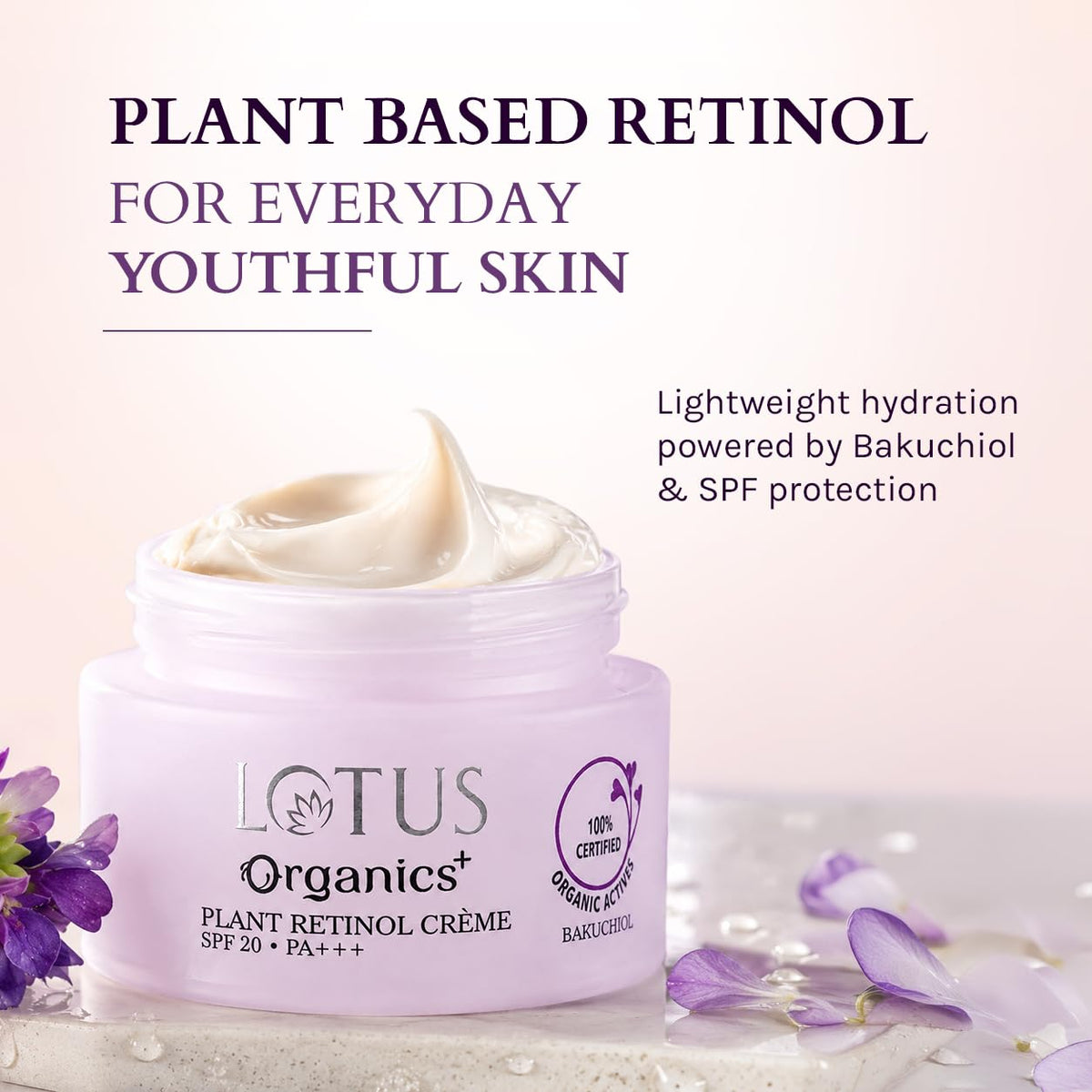 Lotus Organics+ Bakuchiol Plant Retinol Cream | 100% Certified Organic Bakuchiol | Anti-Ageing Face Cream For Fine Lines & Hydration | SPF 20 | PA+++ | 97% Natu