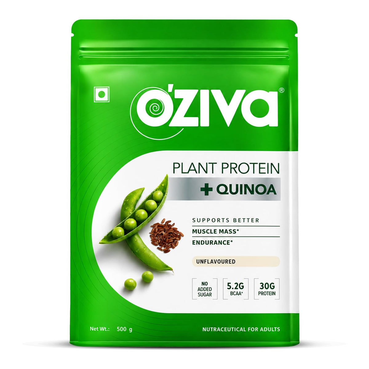 OZiva Plant Protein Powder, Pea Isolate, Vegan, Unflavoured, 500g Unflavoured 500 g (Pack of 1, without Shaker)
