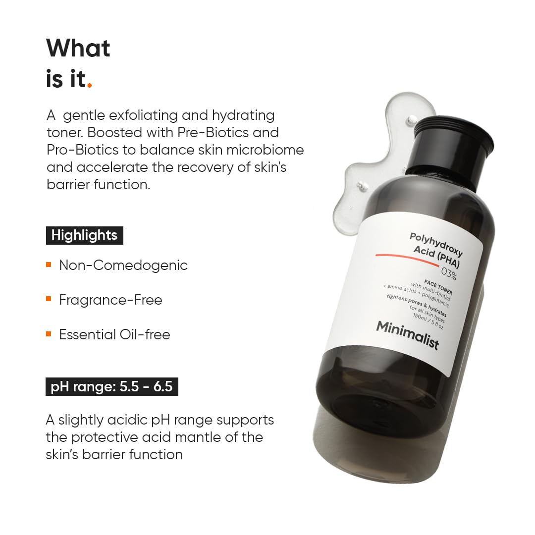 Minimalist Anti Acne PHA 3% Face Toner for Oily Skin | Pore Tightening & Mild Exfoliation For All Skin | Alcohol Free Hydrating Face Toner For Glowing Skin | 150 ml