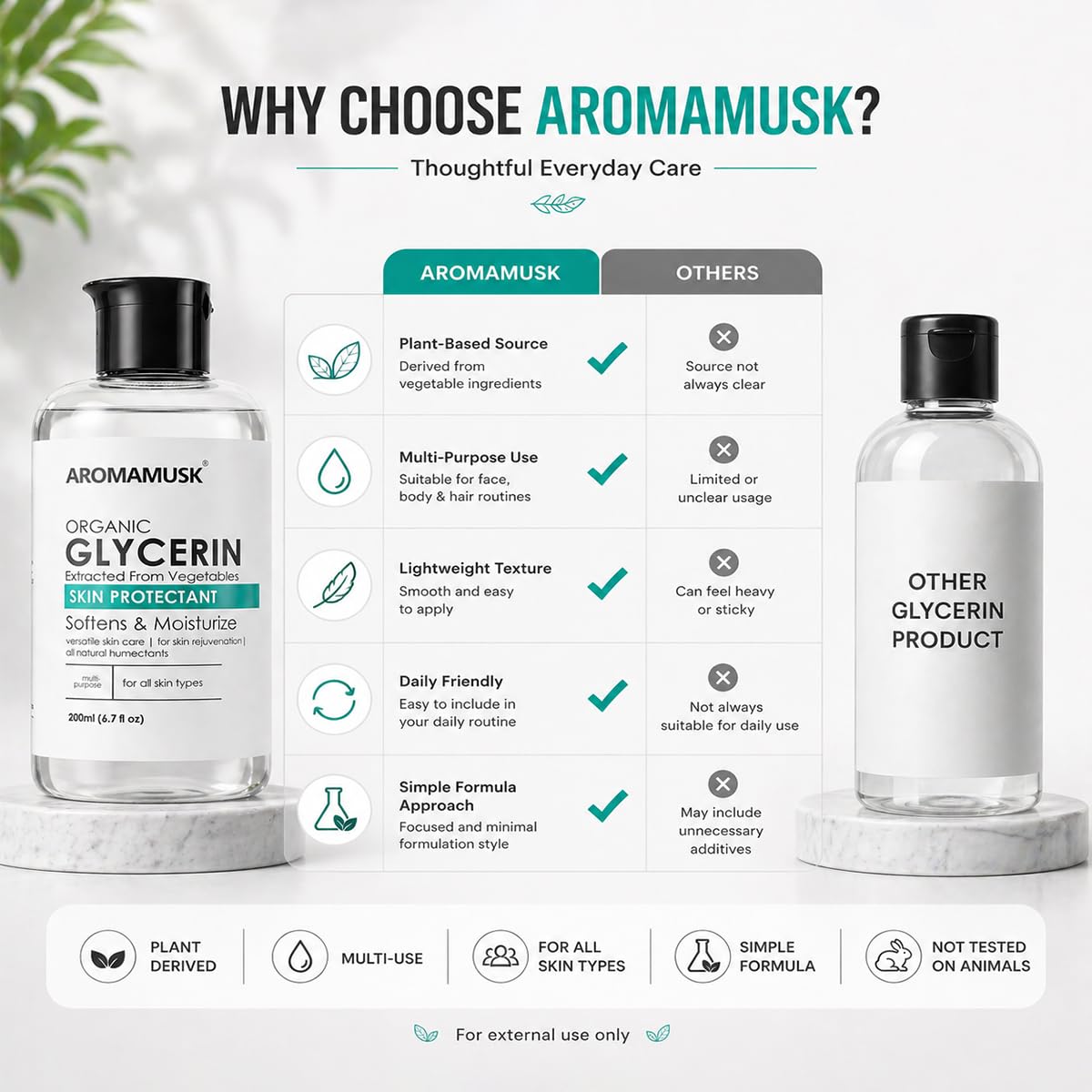 AromaMusk Organic And Pure Vegetable Glycerine For Face | Softens & Moisturizes – Pure & Natural Glycerine Liquid for Face, Beauty and Skin Care - 200ml