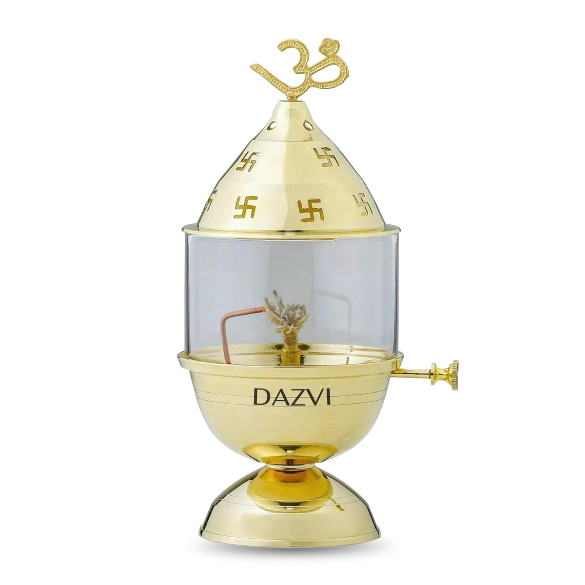 Brass Akhand Jyot Diya with Adjustable Bati Wick Lifting Screw Home Decoration Gifting Joyti Holder Navratri & Borosilicate Glass Cover Diyas Pooja 9 inch 100 m