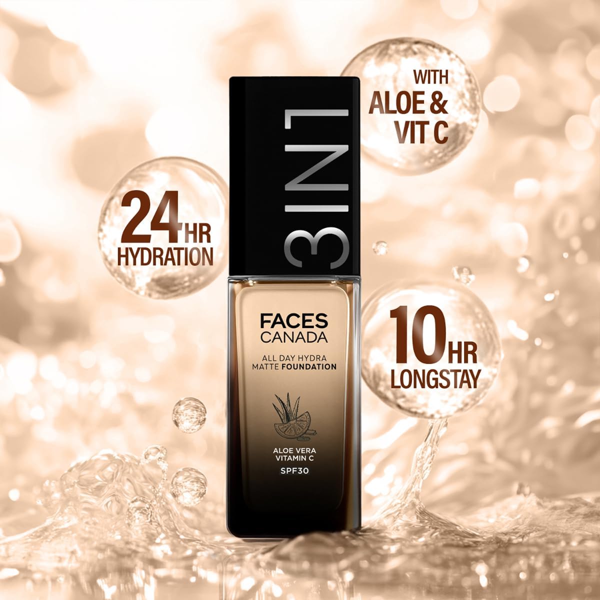 FACES CANADA All Day Hydra Matte Foundation | 3-in-1 Foundation + Moisturizer + SPF 30 | 24 HR Aloe Hydration & Vitamin C | 10HR Long Wear | Medium to High Buil