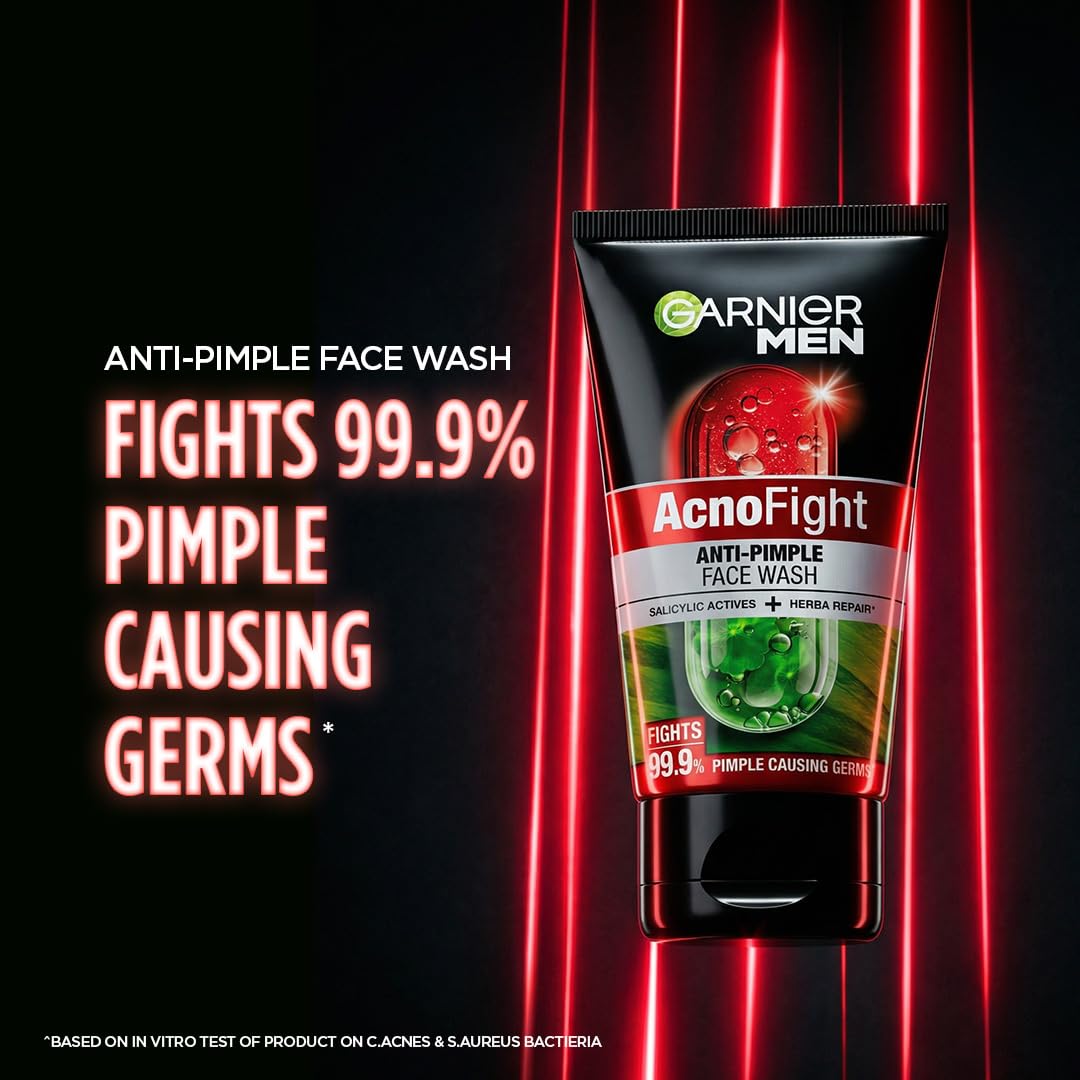 Garnier Men Acno Fight Anti Pimple Face Wash, Anti Pimple Face Wash with Salicylic Acid and Herba Repair, Suitable for all Skin Types, 150g 150 g (Pack of 1)
