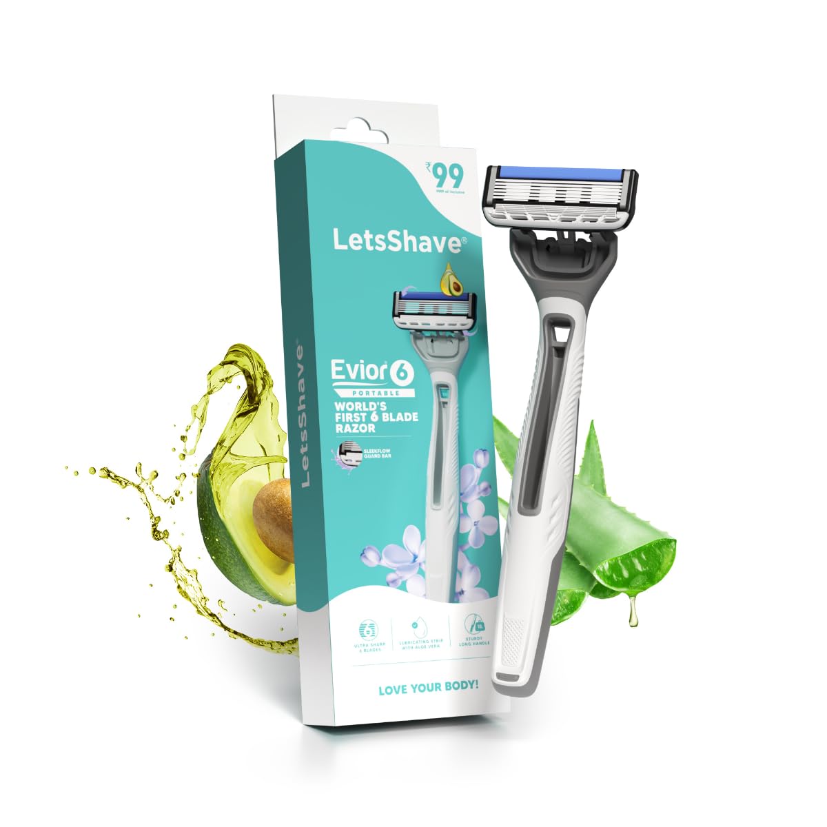 LetsShave Evior 6 Portable Razor for Women,World's First 6 Blade Razor Set, Ultra Sharp Blade with Lubricating Strip, Disposable Razor for Women 1 count (Pack o