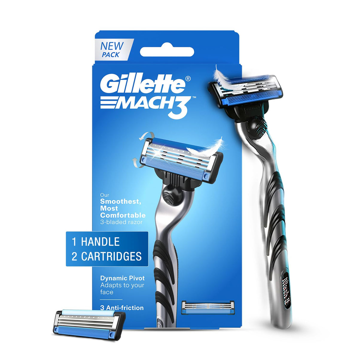 Gillette Mach 3 (Handle + 2 Cartridges) Shaving Razor For Men | Most Comfortable Shave | 3D Blade Technology That Adjusts To Your Face | Metal Handle For Superi