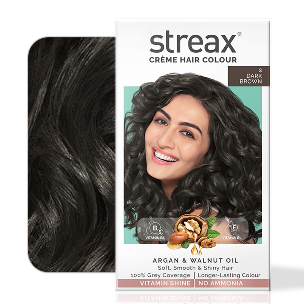 Streax Women's Crème Permanent Hair Colour - 3 Dark Brown Hair Color, 100% Grey Coverage,Ammonia Free Hair Color, Long Lasting Hair Colour, Colourant Tube 60G,