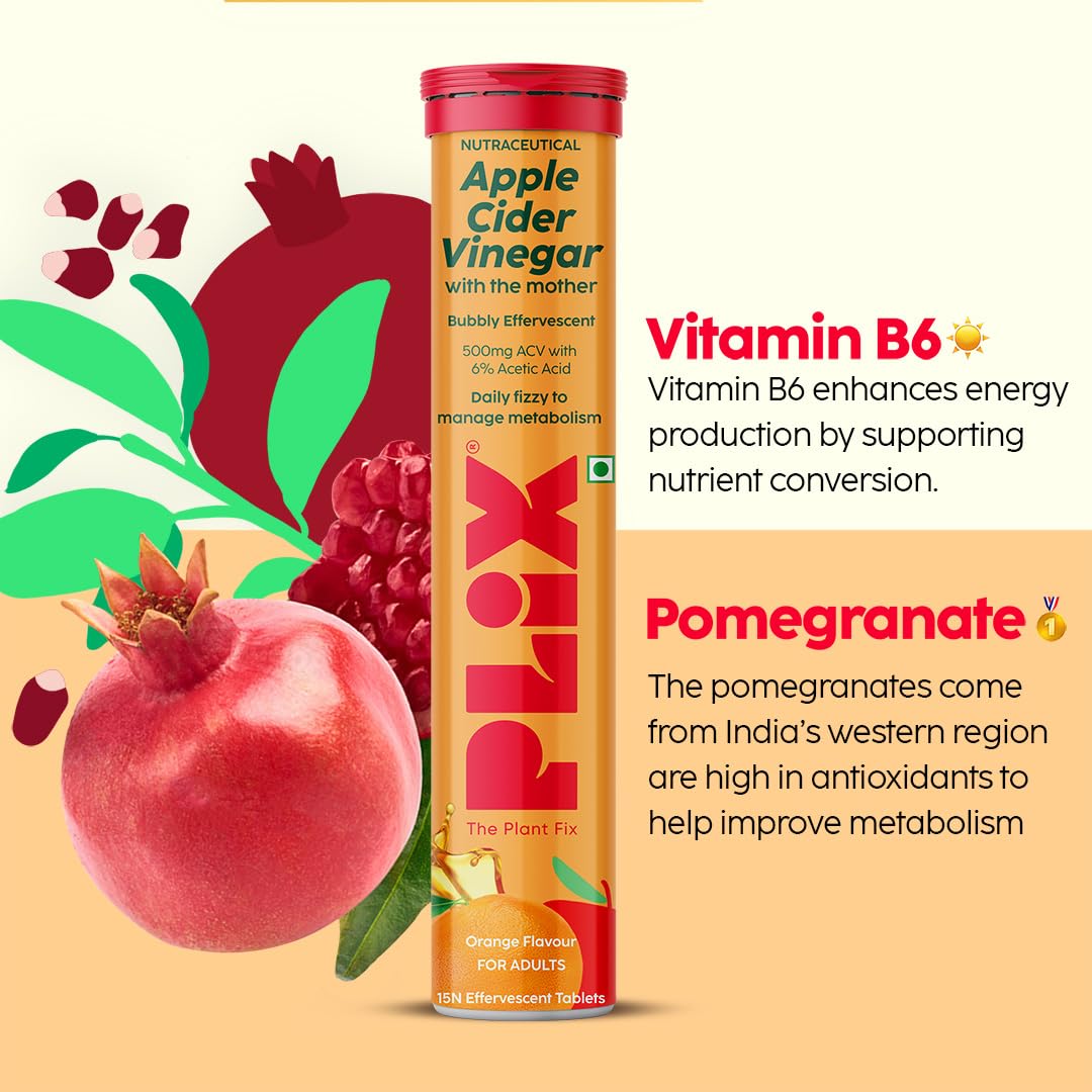 The Plant Fix Plix Apple Cider Vinegar Effervescent Tablet With Mother|Supports Metabolism & Appetite Control I With 500Mg Acv, Vit B6 & B12 I No Maltodextrin,