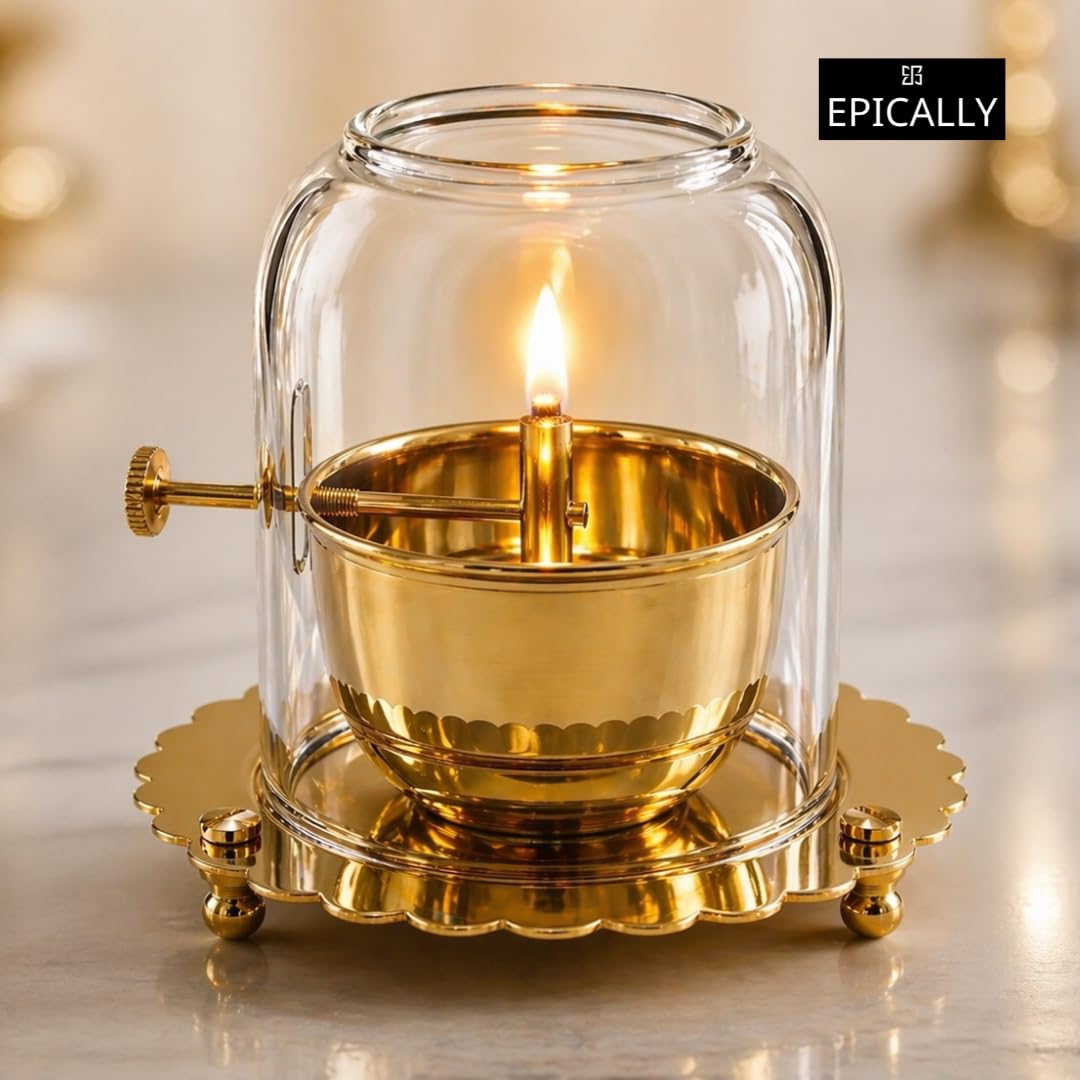 Small Size Pure Brass Akhand Diya With Adjustable Bati (110ml, Small 3.5") | Akhanda Jyothi Deepam Large With Glass Cover | Akhand Jyoti Diya With Screw Lever |