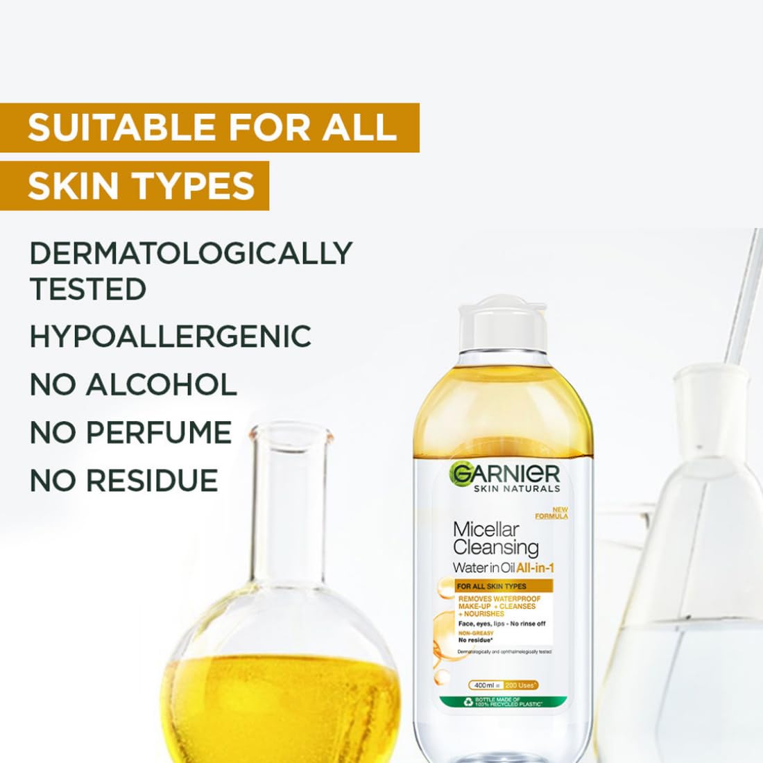 Garnier Oil-infused Micellar Cleansing Water | Make-Up Remover & Cleanser for waterproof & smudge-proof makeup | Suitable for all skin types | Just Pour, Press & Swipe | 400ml