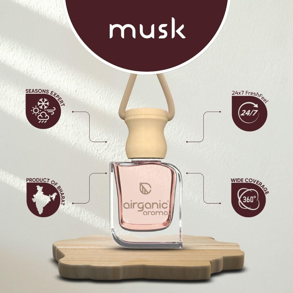 Airganic Swing Prime Car Perfume Hanging Pod-Musk, Sandalwood & Cool aqua Water-Pack 3| Car Air Freshener|Fragrance Oils in Glass Bottle with Wooden Diffuser Li