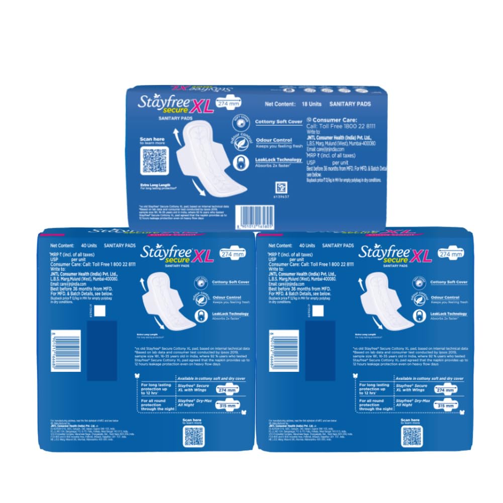 Stayfree Secure Soft XL Sanitary Pads for Women(98 Napkins) Combo Offer Pack-Buy 80pads Get 18Pads Free. (Pack of 2)