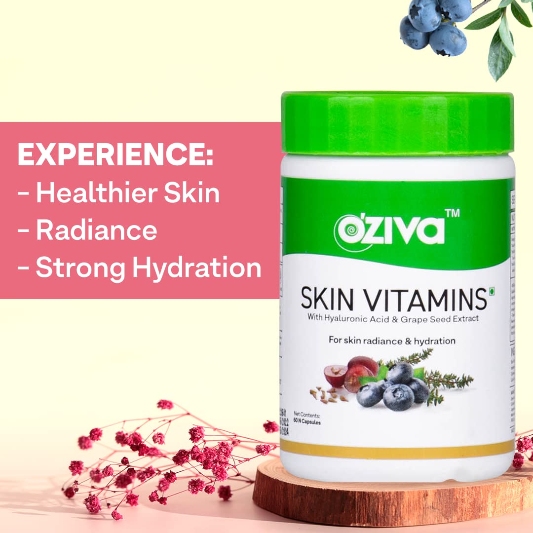 OZiva Skin Vitamins 60 Capsules for Men & Women (with Hyaluronic Acid, Vitamin E & C for Radiant Skin & Hydration, Certified Clean & Vegan, 50 grams Skin Vitami