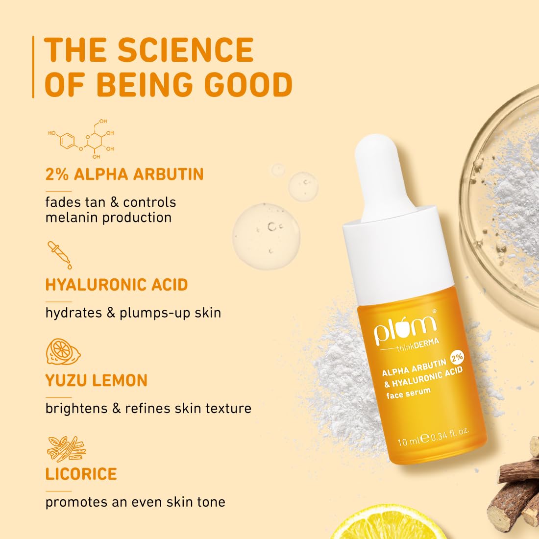 Plum 2% Alpha Arbutin & Hyaluronic Acid Face Serum | Fades Tan | Brightens Skin | Controls Melanin Production | with Yuzu Lemon & Licorice | Fragrance-Free | 10