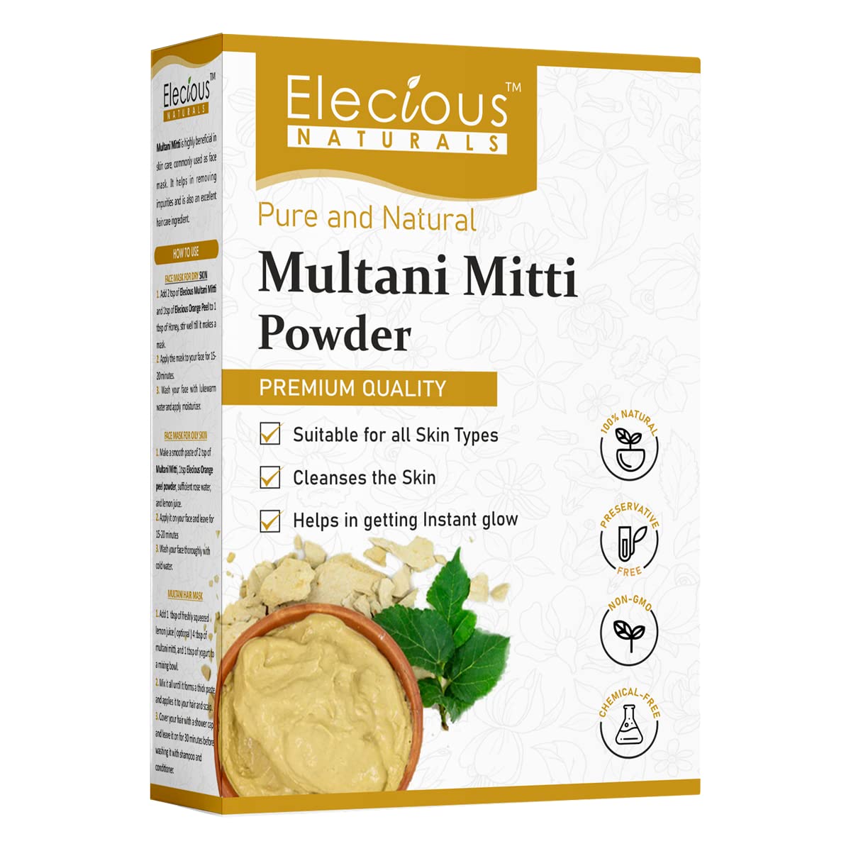 Elecious 100% Natural Multani Mitti powder for Exfoliating, Soothing, Nourishing, Smoothening Face, Skin and Hair Fuller's Earth, Bentonite Clay (200 Grams) 200