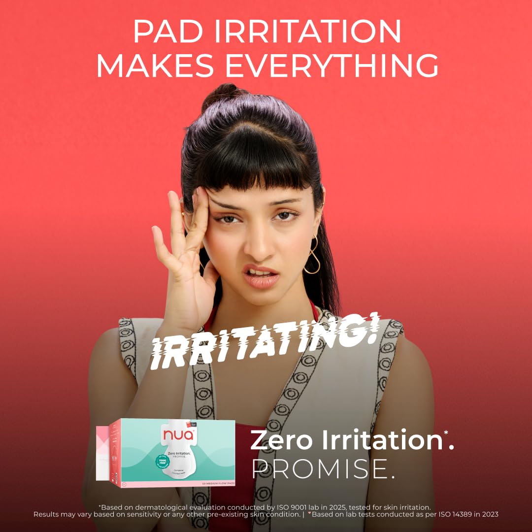 Nua Complete Comfort Sanitary Pads for Sensitive Skin | Pack of 50 Pads (12 Heavy Flow, 20 Medium Flow, 18 Light Flow) with Disposal covers | Zero Irritation |