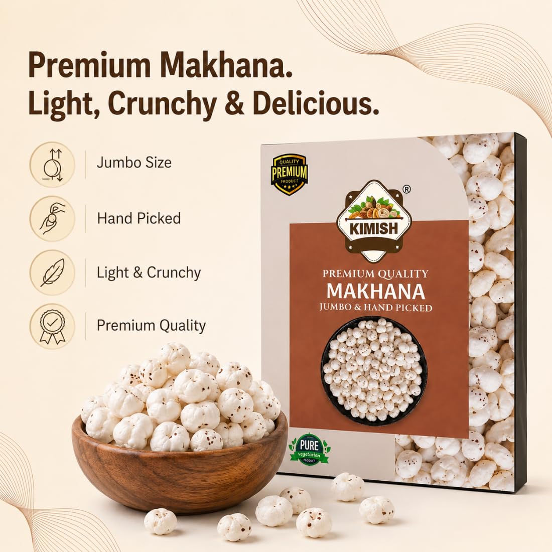 KIMISH Premium Quality Raw Makhana | 200g | Jumbo & Hand Picked Fox Nuts | Phool Makhana for Snacking, Fasting & Indian Recipes | Crunchy Lotus Seeds | 100% Veg