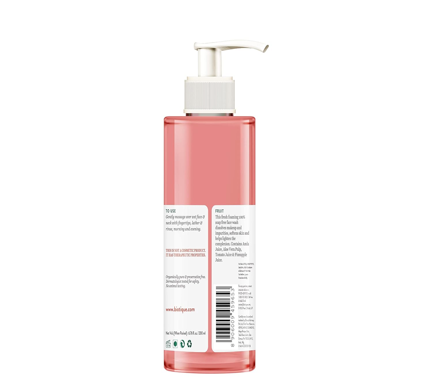 Biotique Fruit Brightening Face Wash| Ayurvedic and Organically Pure| Advanced Swiss Technology |100% Botanical Extracts| Suitable for All Skin Types | 200mL